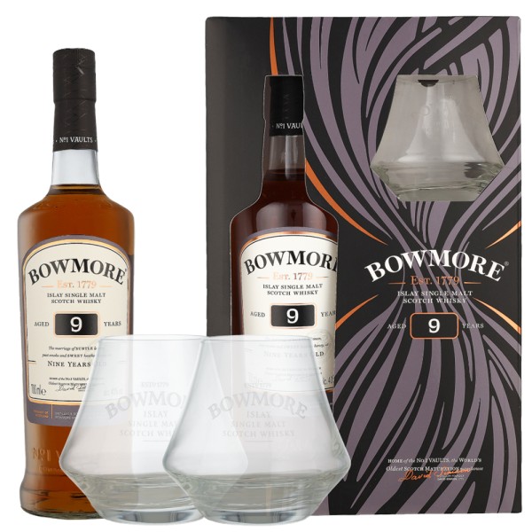 Віскі Bowmore / Боумор, 9 років, 40%, 0.7 л + 2 склянки (под. наб.)